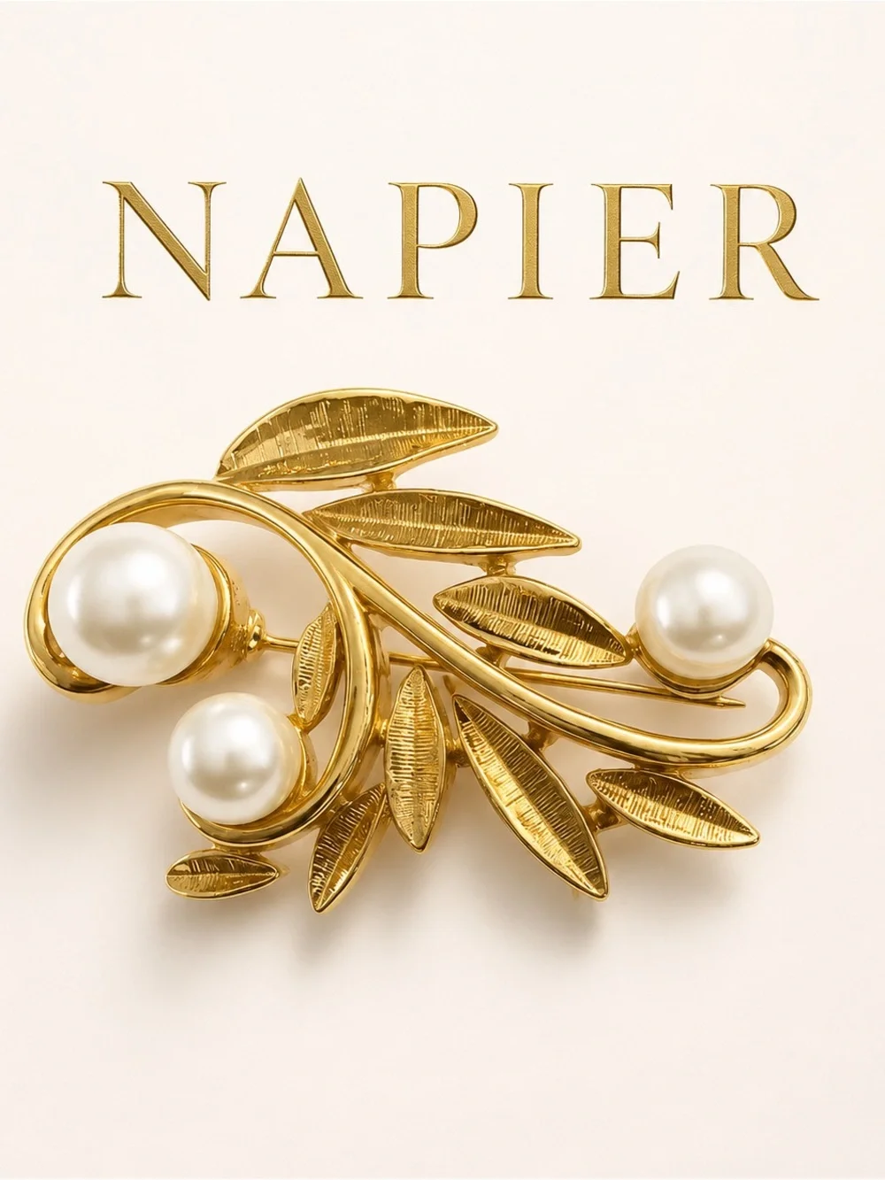 Vintage Napier Gold Tone & Faux Pearl Leaf Brooch – Elegant Floral Pin – 2 Inch